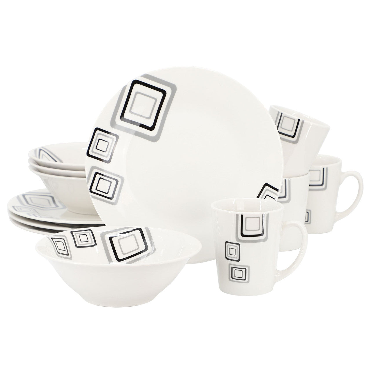 Gibson Home Black Squares 12 Piece Round Fine Ceramic Dinnerware Set in White-0